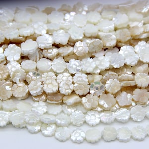 Mother of Pearl Flower Charm Beads 10mm 12mm, Natural MOP Carved Flat Flower Pendants, White MOP Yellow MOP Carved Flower Spacer Beads