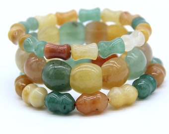 Natural Green Orange Aventurine Beaded Bracelets, Chunky Aventurine Gemstone Elastic Bracelets Bangles, Energy Healing Mala Beads Gift
