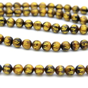 Yellow Tiger Eye OM Beads 8mm 10mm Mala Beads Mandra Beads Natural Tiger Eye Beads Carved Gold Om Beads Om Mani Padme Hum Gemstone Beads