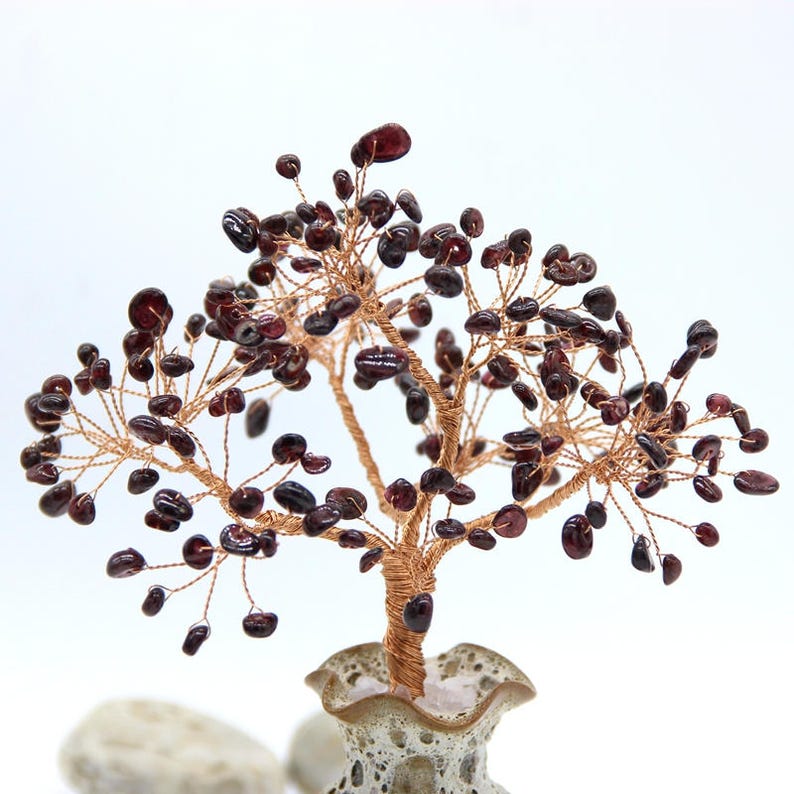 Natural Red Garnet Wire Tree Gemstone Sculpture Life of Tree Lucky Tree Feng Shui Decor Tree Gemstone Beaded Bonsai January Birthstone Gift image 2