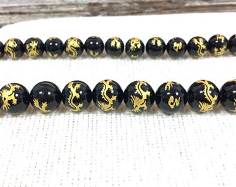 Black Onyx Round Beads Carved Dragon Beads 6mm 8mm 10mm 12mm 14mm Natural Black Gold Beads Painted Chinese Dragon Beads Full or Half Strand