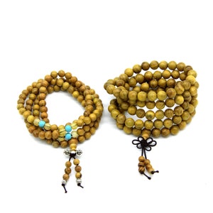 Golden Sandalwood 108 Mala Beads 6mm 8mm Yellow Sandalwood Mala Beads Buddhist Prayer Beads Wood Wrap Bracelet Meditation Mala Necklace