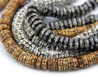 Carved Ox Bone Heishi Beads 8mm, Tibetan Bone Spacer Beads, Tribal Beads, White Brown Bone Beads