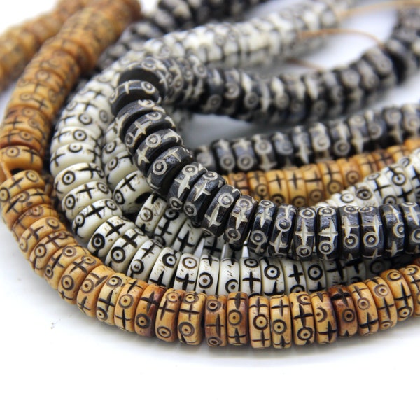 Carved Ox Bone Heishi Beads 8mm, Tibetan Bone Spacer Beads, Tribal Beads, White Brown Bone Beads