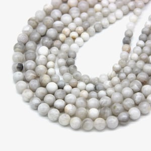 Natural White Agate Beads 4 6 8mm 10mm White Gemstone Cream Beads White Mala Beads White Lace Agate Beads Light Gray White Striped Beads