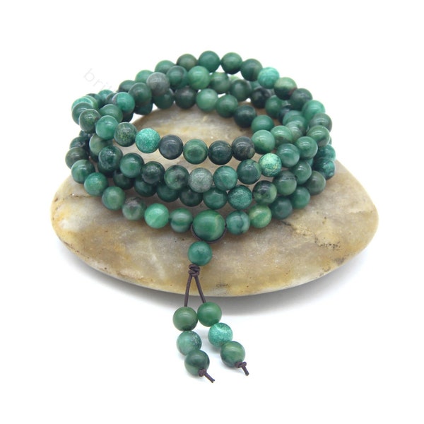 African Jade 108 Green Mala Beads, Natural Green Jade Mala Bracelet Necklace,Gemstone Buddhist Prayer Beads, Green Gemstone Wrap Bracelet