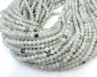 Tiny Light Green White Jade Micro Faceted Beads 2mm 3mm 4mm, Natural Small White Green Gemstone Beads, TiansShan Jade Beads