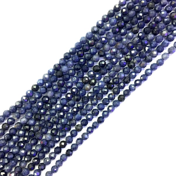 Saphir bleu naturel 2mm 3mm 4mm Perles Micro Facettes 15.5" Minuscules Perles de Saphir Bleu Foncé Véritable Pierre Précieuse Petits Entretoises Saphir