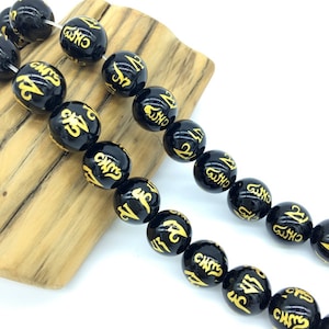 Cuentas de ónix negro Om, cuentas de Mandra Om talladas 6MM 8MM 10MM, cuentas Mala Om negras, cuentas espaciadoras Om Mani Padme Hum de piedras preciosas, cuentas focales tibetanas