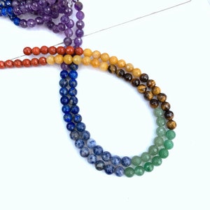 May include: A rainbow of gemstone beads strung on a cord. The beads are in the colors of the rainbow, starting with purple and ending with green.