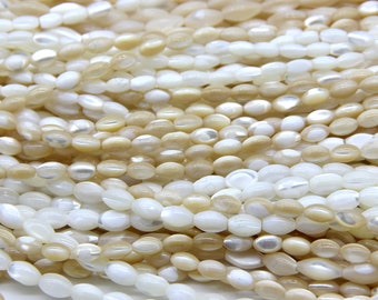 Mother of Pearl Rice Beads 4mm 5mm 6mm 7mm, Natural White Yellow MOP Olive Beads, Shell Oval Spacer Beads, Seashell For Jewelry Focal Beads