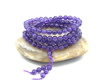 Natural Amethyst 108 Mala Beads, Purple Gemstone Mala Beads,Amethyst Mala Bracelet Necklace,Buddhist Prayer Beads Amethyst Wrap Bracelet