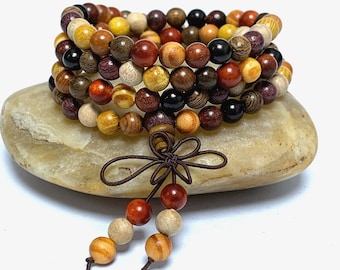 108 Wood Mala,Sandalwood Mala Beads 6mm 8mm,Multi Color Wood Mala,Buddhist Prayer Beads,Wood Wrap Stack Bracelet,Meditation Healing Necklace