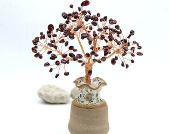 Natural Red Garnet Wire Tree Gemstone Sculpture  Life of Tree Lucky Tree Feng Shui Decor Tree Gemstone Beaded Bonsai January Birthstone Gift