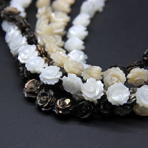 Mother of Pearl Flower Charm Beads 6 8 10 12mm, MOP Carved Flower Pendants, White MOP Black MOP Carved Rose Beads, Flower Spacer Beads image 3