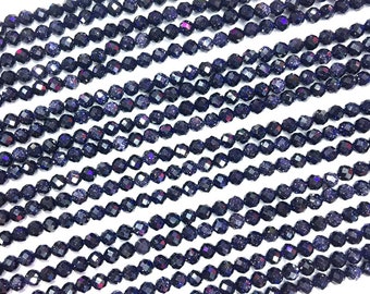 Tiny Blue Sandstone Micro Faceted Beads 2mm 3mm 4mm,Small Navy Blue Sandstone Spacer Beads,AAA Quality Sparkle Blue Sandstone For Jewelry