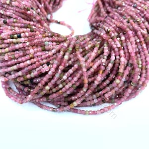 Tiny Watermelon Tourmaline Cube Micro Faceted Beads 2mm, Natural Multi Color Tourmaline Beads, Small Pink Green Gemstone Spacer Beads