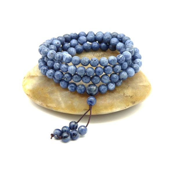 Blue Coral 108 Mala Beads, Natural Blue Gemstone Mala Beads, Coral Mala Wrap Bracelet Necklace, Buddhist Prayer Beads