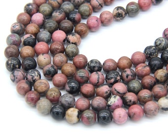 Rhodonite Beads 6mm 8mm 10mm Natural Rhodonite Matrix Beads Mala Beads Pink with black Gemstone Beads Rose Black Beads Pink Vintage Beads