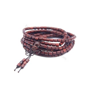 Small Red Sandalwood Mala Beads, Wood 216 Mala Beads, Cylinder Round Red Sandalwood Mala, Buddhist Prayer Beads, Wood Wrap Bracelet Necklace