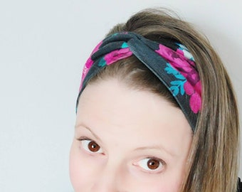 Organic floral print cotton single jersey headband/faux knot twist/ Sports headwrap/ Yoga headband/ avaliable in two widths/Adult headband