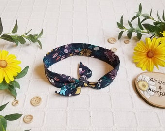 Blue organic cotton jersey bow knot hair band, flower design. Headwrap Bow headband. Top knot bow, headwrap.