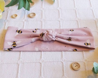Jersey single Knot hair band, pink with bee print, Knot headband, Head wrap, yoga headband.