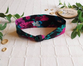 Floral single knot headband , Organic cotton jersey. Pink floral pattern with black background,  Knot hairband. Yoga headband.