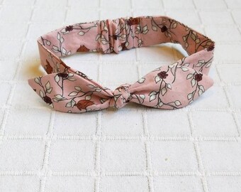 Dusty pink, floral and Rabbit top knot hair band, 100% organic cotton. Bow headband. Easter bunny.