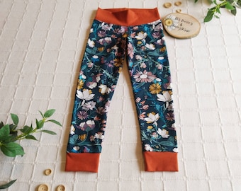 Age 3. Organic navy blue with floral design leggings. With cuffs and yoga waistband. Funky kids clothing. Autumn leggings. Ready to post .