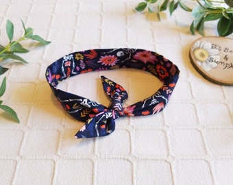 Skellington and floral cotton jersey spotted knot hair band, Bow headband. Rockabilly.