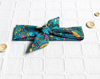 Jersey Knot hair band, teal moon and flower print, Bow headband. Knotted bow headwrap, Top knot headband, boho headband uk.