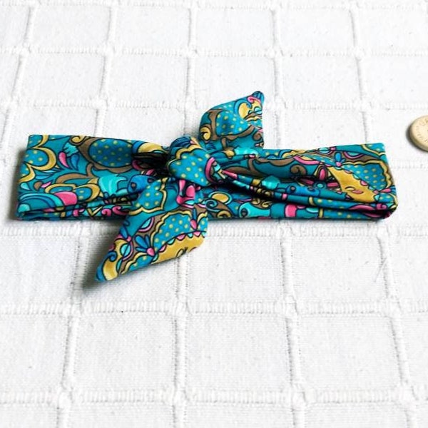 Jersey Knot hair band, teal moon and flower print, Bow headband. Knotted bow headwrap, Top knot headband, boho headband uk.