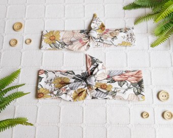 Floral print single jersey bow knot hair band. Headwrap Bow headband. Top knot bow, wrap. Knotted headband, tie up headband. Two widths.