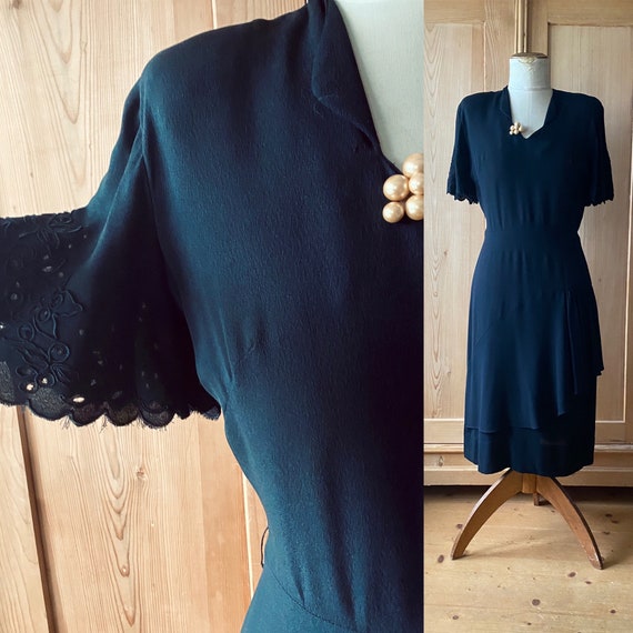 1940s dress, Black rayon, flutter sleeves