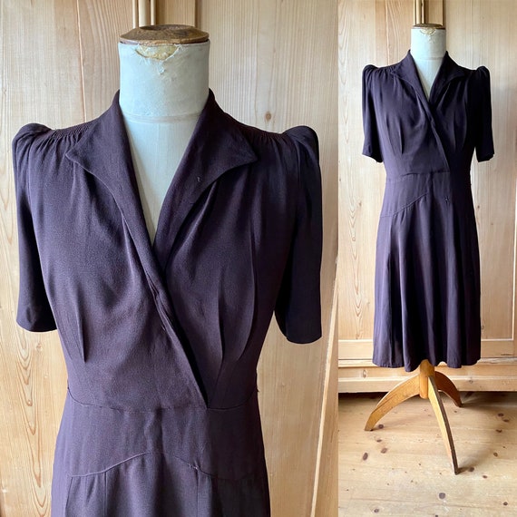 1930s early 40s deep aubergine brown rayon dress w