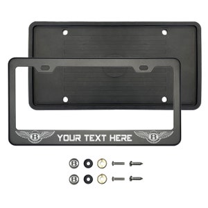 May include: Black metal license plate frame with a silver Bentley logo and the text "YOUR TEXT HERE". The frame comes with two black screws, two black caps, and two gold caps.