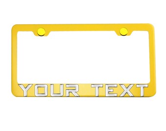 Custom 3D Metal Text Letter Yellow License Plate Frame w/ Metal Screw Cap