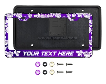 Rose Floral Pattern Laser Etched Stainless Steel Customize Laser Engraved License Plate Frame Holder Purple Black Blue Gold Green Neo Chrome