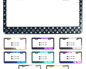 Luxury Monogram Design Pattern Laser Etched Stainless Steel License Plate Frame with Silicone Guard Metal Screw On Caps for Car Suv Truck
