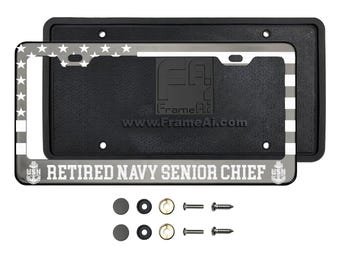 Black Chrome Customized Polish Stainless Steel Laser Engraved License Plate Frame with Silicone Back Guard for Retired Navy Senior Chief