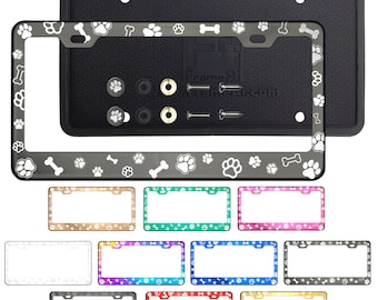 Dog Paw Bone Design Pattern Laser Etched Stainless Steel License Plate Frame with Silicone Guard Metal Screw On Caps for Car Suv Truck