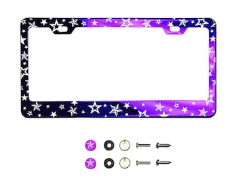 Stars Design Pattern Laser Etched Stainless Steel License Plate Frame with Silicone Guard Metal Screw On Caps for Car Suv Truck