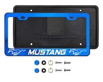 Fit Ford Mustang Polish T304 Stainless Steel Customize Laser Etching License Plate Frame Holder + Metal Screw Caps + Silicone Back  Guard