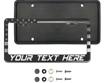 American Flag Stainless Steel Customize Laser Engraved Etched License Plate Frame Holder with Metal Screw caps kit and silicone back guard