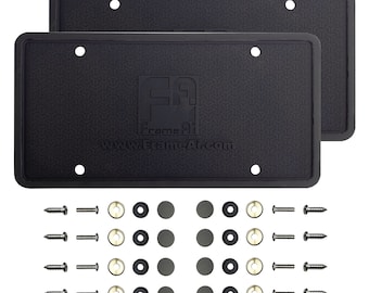 Two Silicone License Plate Frame Back Guard Holder Rust-Proof Rattle-Proof Weather-Proof + Aluminum Screw On Caps Hardware