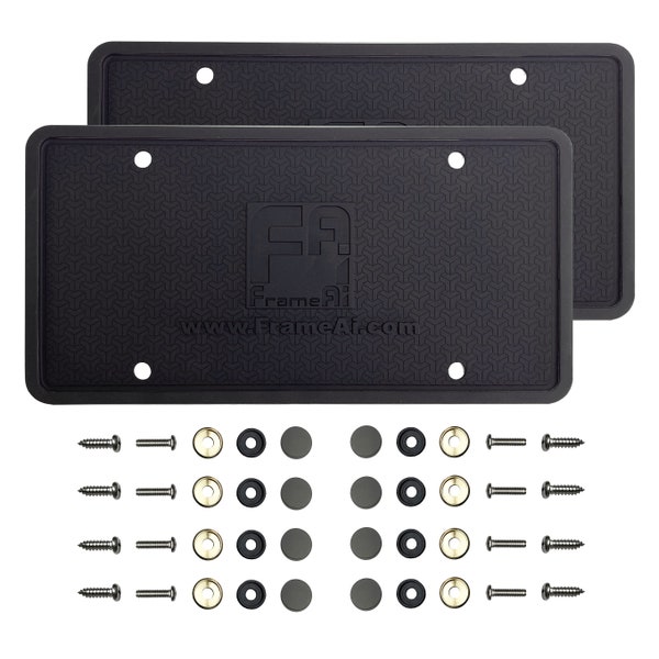 Two Silicone License Plate Frame Back Guard Holder Rust-Proof Rattle-Proof Weather-Proof + Aluminum Screw On Caps Hardware