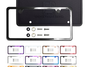 Silicone Back Guard+Black Chrome(Smoke Gray) Titanium Gun Metal Chrome License Plate Frame T304 Stainless Steel + Metal Screw Caps