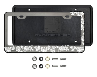 Rose Floral Pattern Laser Etched Stainless Steel Customize Laser Engraved License Plate Frame Holder Purple Black Blue Gold Green Neo Chrome