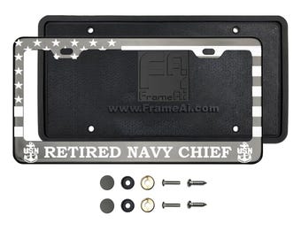 Black Chrome Customized Polish Stainless Steel Laser Engraved License Plate Frame Holder with Silicone Back Guard for Retired Navy Chief